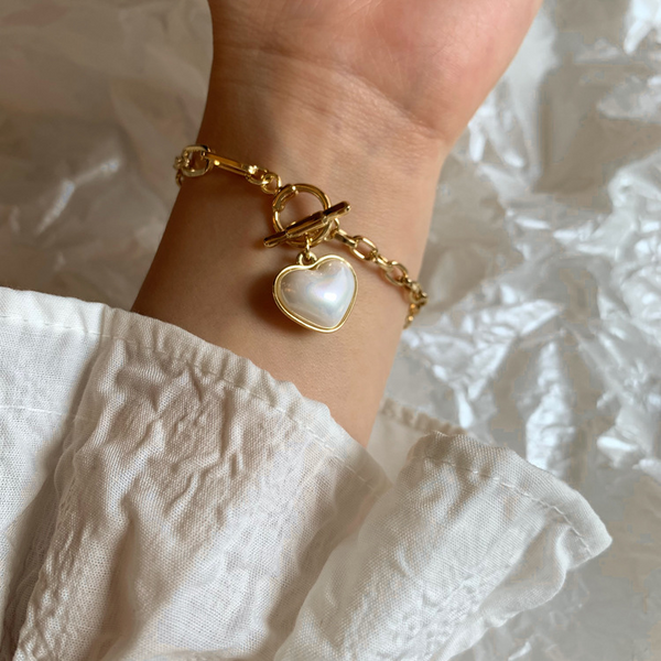 Classic 18k Gold Plated Cute Pearl Heart Charm Chain Link Bracelet for Women