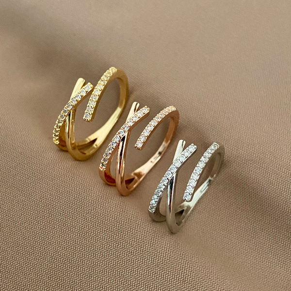 Minimalist Zircon Cross Layered Open Crystal Diamond Rings