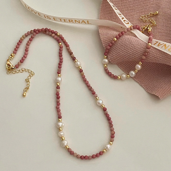 Gold Plated Chic Pink Natural Stone Beads Freshwater Pearl Beaded Bracelet Necklace for Women