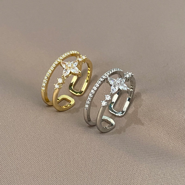 Ins Fashion Gold Plated High Quality Zircon Flower Layers Adjustable Ring