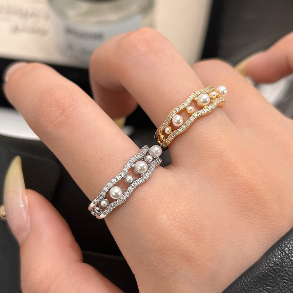 Gold Plated Fine Jewelry Simple Zircon Pearl Fashion Adjustable Finger Rings for Women