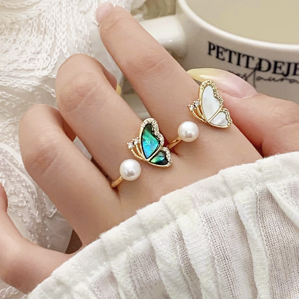 Natural Freshwater Pearl Ring 18K Real Gold Plating Fashion Abalone Shell Butterfly Pearl Rings