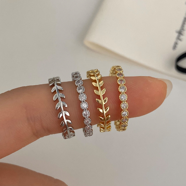 Zircon Leaf Two Piece Ring Set Full Inlaid Zircon Metal Leaf Opening Adjustable Gold Plated Rings Set Jewelry