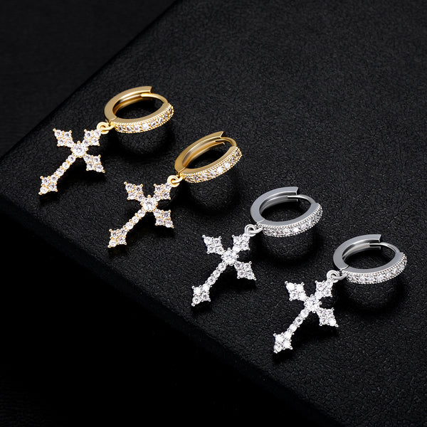Amazon new style zirconium cross earrings unisex personality earrings hip hop earrings wholesale