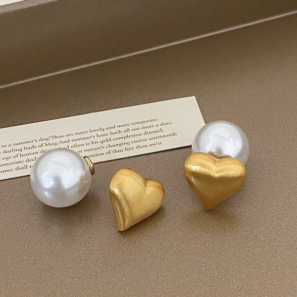 Heart Stud Earrings Pearl Wire Drawing Cute Ear Jewelry for Women Screw Ball Piercing Accessories