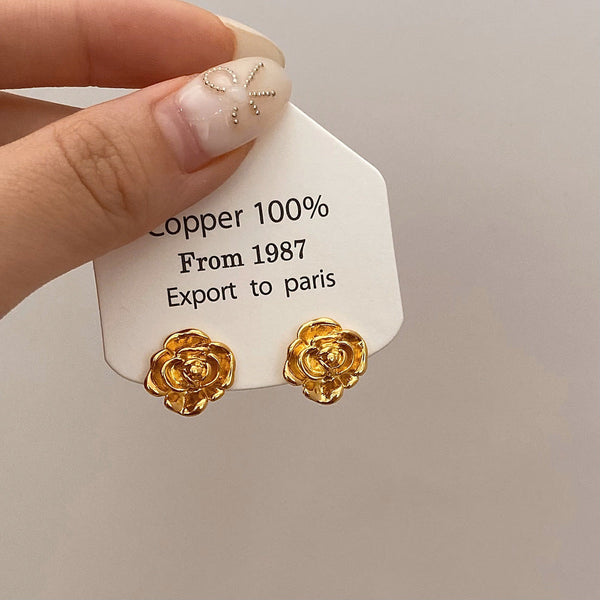 Gold Plated Delicate Elegant Rose Flower Stud Earrings for Women Hot Sale Trendy for Parties